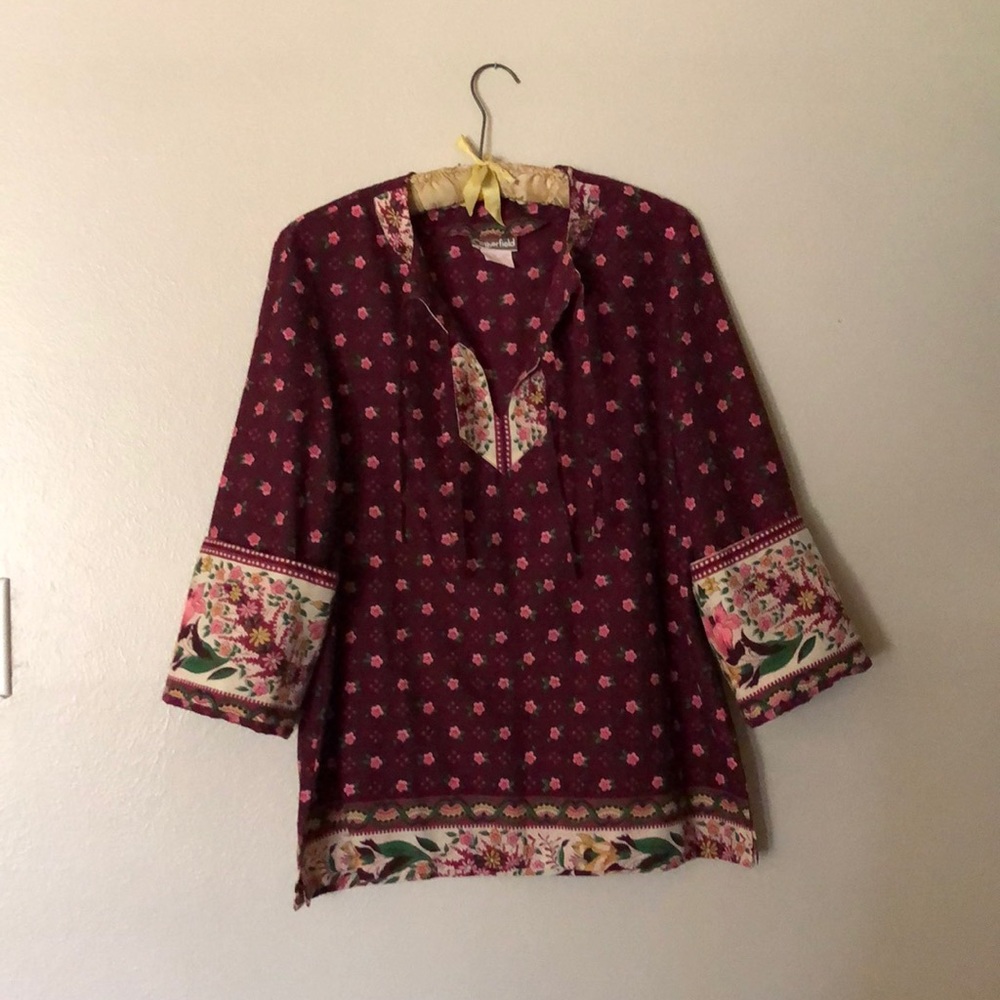 Vintage boho tunic top bell sleeves tie neck